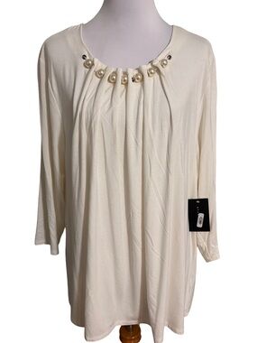 Ryan Wythe Women's Cream Pearl-Accent Pleated Neck Blouse